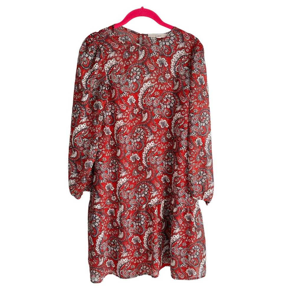 LOFT Red and Navy Shimmer Paisley Ladies Party Career Flounce Dress, S